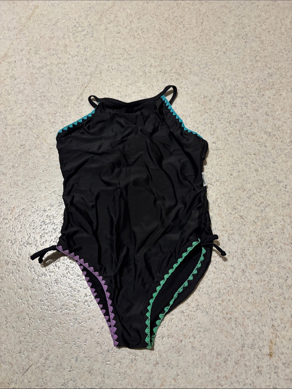Limeapple Black One-Piece Kids Swimsuit with Teal, Green, and Purple Trim
